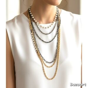 Mix Metal Layered Chain Necklace Faux Pearl Accents –Gold & Gunmetal.